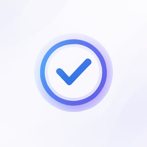 A modern flatstyle vector illustration of a blue checkmark badge centered on a soft white background The checkmark sits inside a subtle circular gradi-1