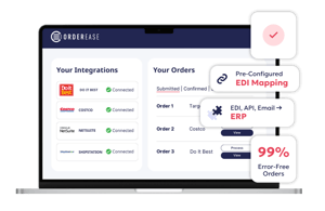 OrderEase platform showing seamless EDI integration and 99% error-free order processing.-1