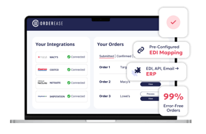 OrderEase platform showing seamless EDI integration with Macy's and 99% error-free order processing. (3)